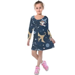 Space Theme Art Pattern Design Wallpaper Kids  Long Sleeve Velvet Dress