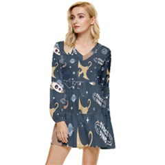 Space Theme Art Pattern Design Wallpaper Tiered Long Sleeve Mini Dress by Vaneshop