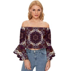 Rosette Kaleidoscope Mosaic Abstract Background Off Shoulder Flutter Bell Sleeve Top