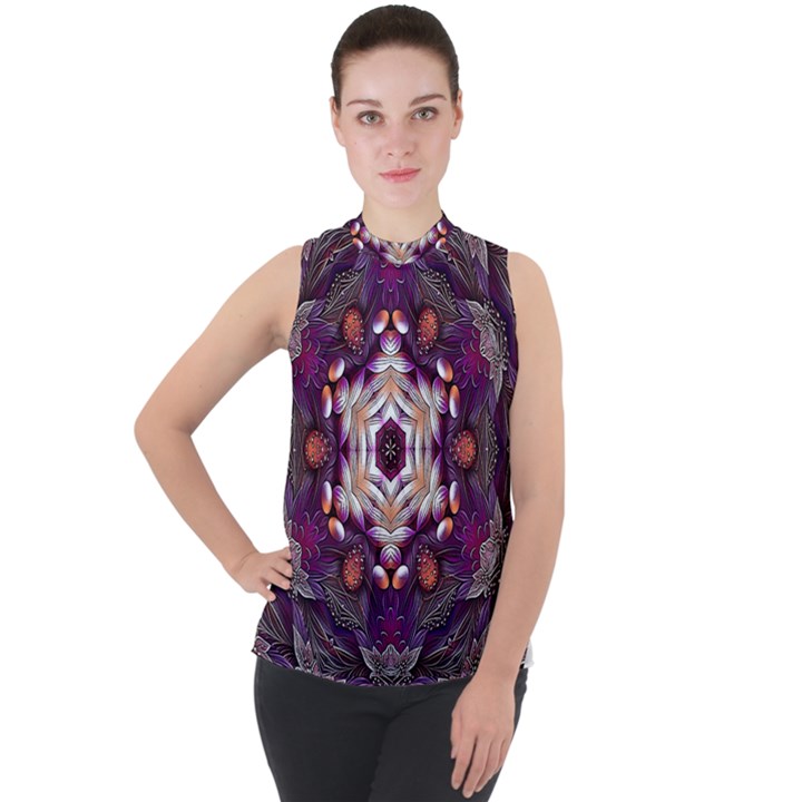 Rosette Kaleidoscope Mosaic Abstract Background Art Mock Neck Chiffon Sleeveless Top