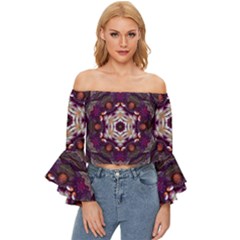 Rosette Kaleidoscope Mosaic Abstract Background Art Off Shoulder Flutter Bell Sleeve Top