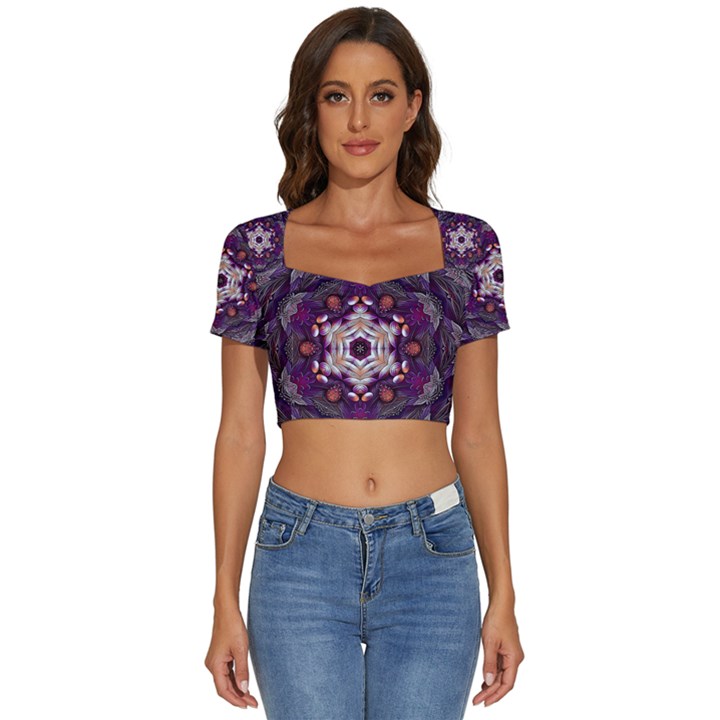 Rosette Kaleidoscope Mosaic Abstract Background Art Short Sleeve Square Neckline Crop Top 