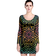 Circuit Hexagonal Geometric Pattern Background Pattern Long Sleeve Bodycon Dress by Vaneshop