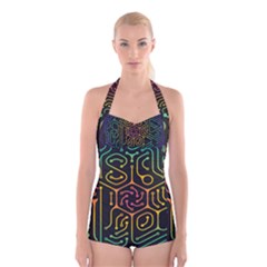 Circuit Hexagonal Geometric Pattern Background Pattern Boyleg Halter Swimsuit 