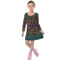 Circuit Hexagonal Geometric Pattern Background Pattern Kids  Long Sleeve Velvet Dress