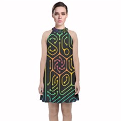 Circuit Hexagonal Geometric Pattern Background Pattern Velvet Halter Neckline Dress 