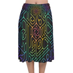 Circuit Hexagonal Geometric Pattern Background Pattern Velvet Flared Midi Skirt