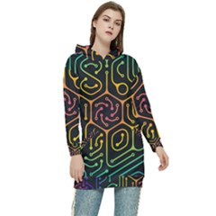 Circuit Hexagonal Geometric Pattern Background Pattern Women s Long Oversized Pullover Hoodie