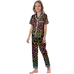 Circuit Hexagonal Geometric Pattern Background Pattern Kids  Satin Short Sleeve Pajamas Set by Vaneshop