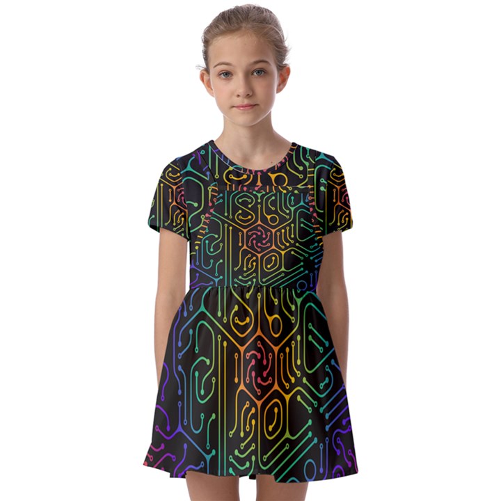 Circuit Hexagonal Geometric Pattern Background Pattern Kids  Short Sleeve Pinafore Style Dress