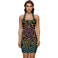 Circuit Hexagonal Geometric Pattern Background Pattern Sleeveless Wide Square Neckline Ruched Bodycon Dress by Vaneshop