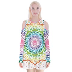 Mandala Pattern Rainbow Pride Velvet Long Sleeve Shoulder Cutout Dress