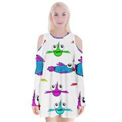 Fish Swim Cartoon Funnycute Velvet Long Sleeve Shoulder Cutout Dress