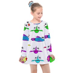 Fish Swim Cartoon Funnycute Kids  Long Sleeve Dress by Sapixe