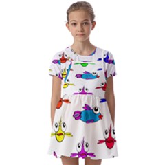 Fish Swim Cartoon Funnycute Kids  Short Sleeve Pinafore Style Dress by Sapixe