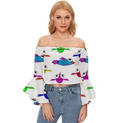 Fish Swim Cartoon Funnycute Off Shoulder Flutter Bell Sleeve Top