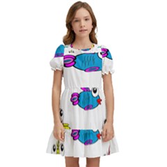 Fish Swim Cartoon Funnycute Kids  Puff Sleeved Dress by Sapixe