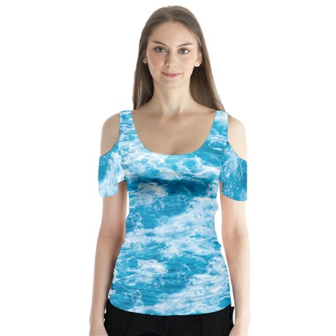 Blue Ocean Wave Texture Butterfly Sleeve Cutout T-shirt  by Jack14