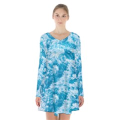 Blue Ocean Wave Texture Long Sleeve Velvet V-neck Dress by Jack14