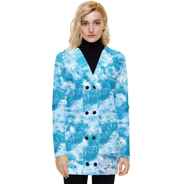 Blue Ocean Wave Texture Button Up Hooded Coat 