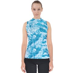 Blue Ocean Wave Texture Mock Neck Shell Top by Jack14