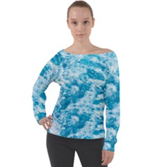 Blue Ocean Wave Texture Off Shoulder Long Sleeve Velour Top by Jack14