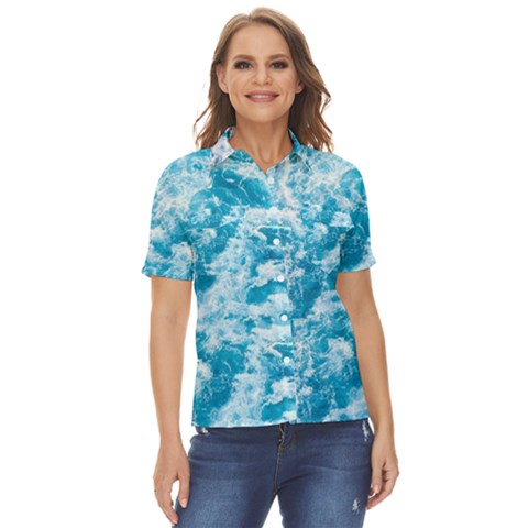 Blue Ocean Wave Texture Women s Short Sleeve Double Pocket Shirt by Jack14