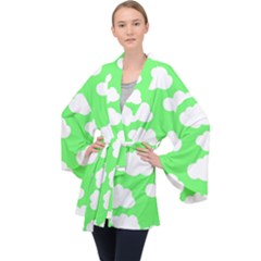 Cute Clouds Green Neon Long Sleeve Velvet Kimono  by ConteMonfrey