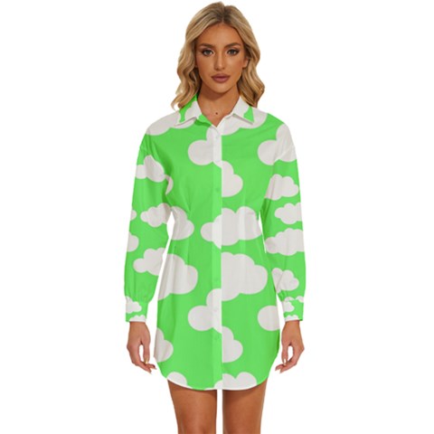 Cute Clouds Green Neon Womens Long Sleeve Shirt Dress by ConteMonfrey