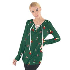 Christmas Green Pattern Background Tie Up T-shirt by Pakjumat