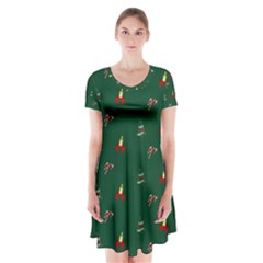 Christmas Green Pattern Background Short Sleeve V-neck Flare Dress by Pakjumat