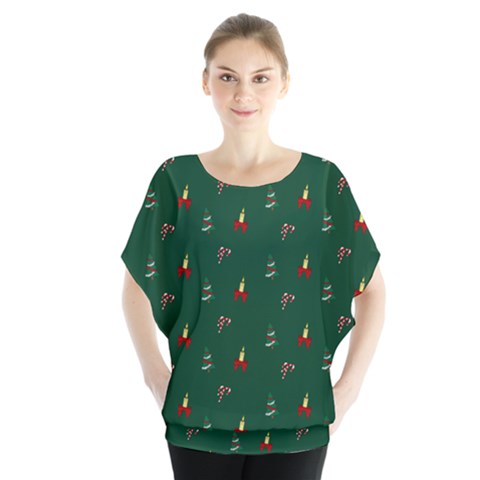 Christmas Green Pattern Background Batwing Chiffon Blouse by Pakjumat