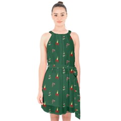 Christmas Green Pattern Background Halter Collar Waist Tie Chiffon Dress by Pakjumat