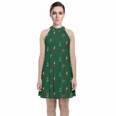 Christmas Green Pattern Background Velvet Halter Neckline Dress  by Pakjumat