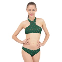 Christmas Green Pattern Background High Neck Bikini Set by Pakjumat