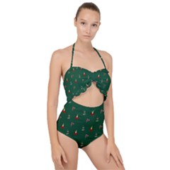 Christmas Green Pattern Background Scallop Top Cut Out Swimsuit by Pakjumat