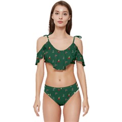 Christmas Green Pattern Background Ruffle Edge Tie Up Bikini Set	 by Pakjumat