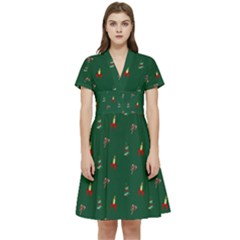 Christmas Green Pattern Background Short Sleeve Waist Detail Dress by Pakjumat