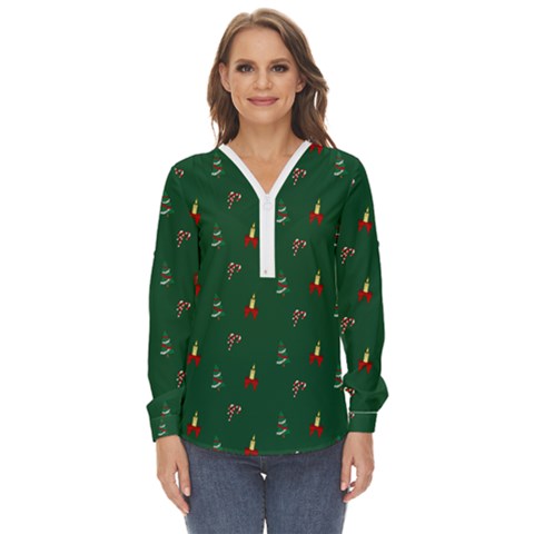 Christmas Green Pattern Background Zip Up Long Sleeve Blouse by Pakjumat