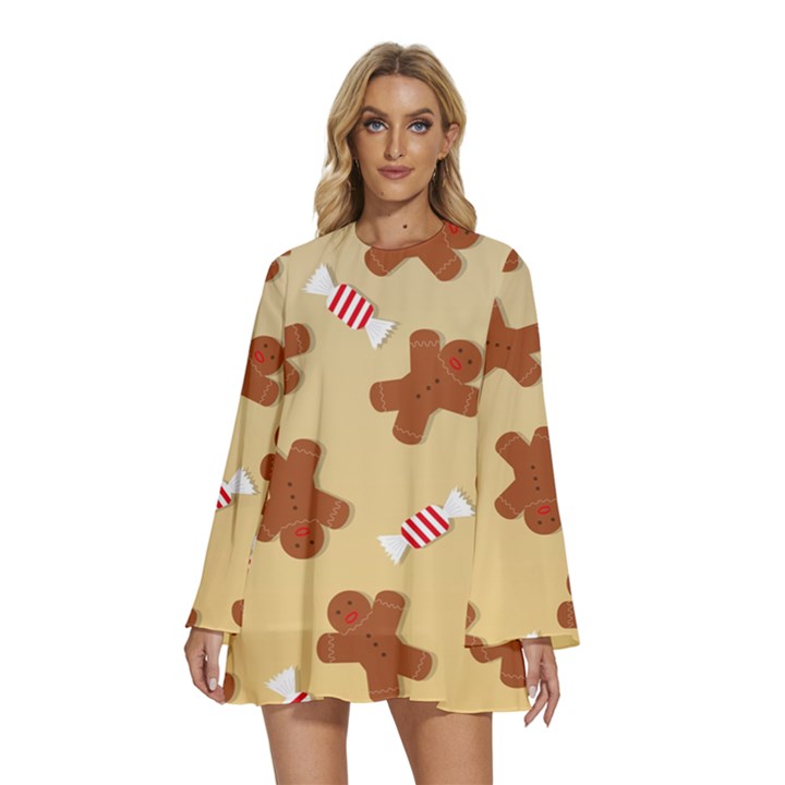 Gingerbread Christmas Time Round Neck Long Sleeve Bohemian Style Chiffon Mini Dress