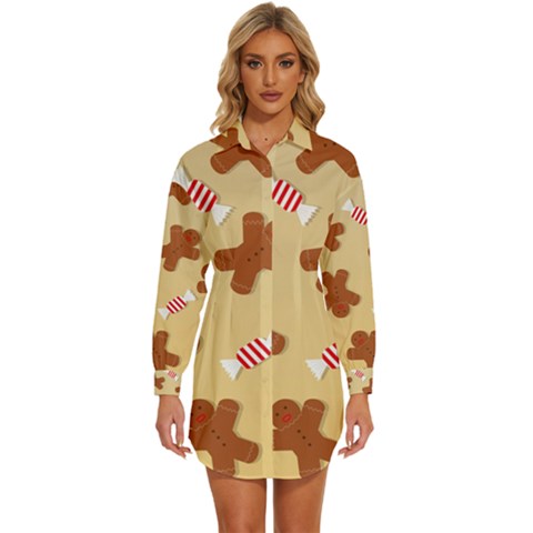 Gingerbread Christmas Time Womens Long Sleeve Shirt Dress by Pakjumat