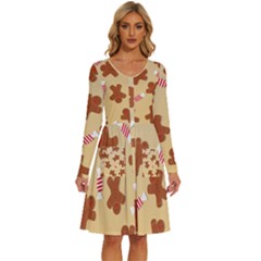 Gingerbread Christmas Time Long Sleeve Dress With Pocket