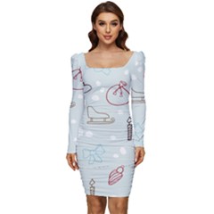 Winter Pattern Background Element Women Long Sleeve Ruched Stretch Jersey Dress by Pakjumat