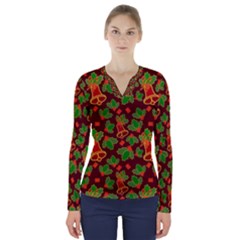 Christmas Wrapping Paper V-neck Long Sleeve Top by Pakjumat