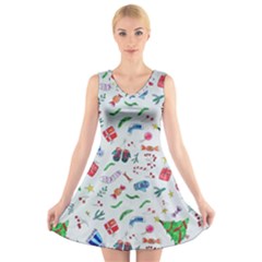 Illustration Christmas Pattern V-neck Sleeveless Dress by Pakjumat