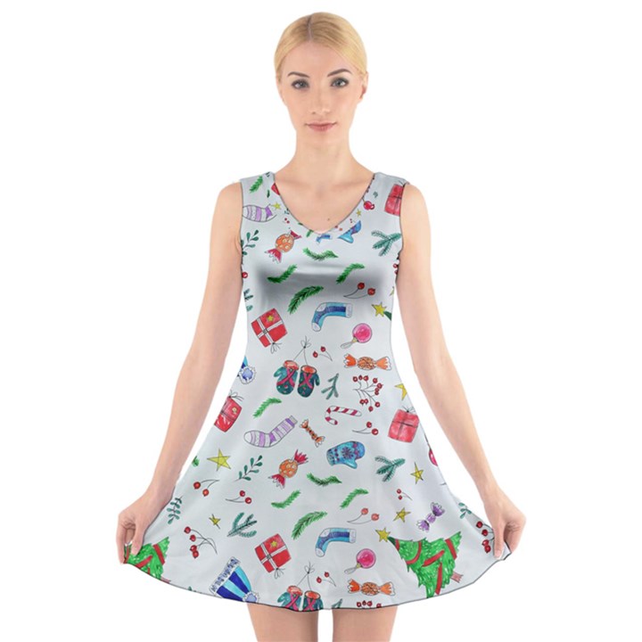 Illustration Christmas Pattern V-Neck Sleeveless Dress