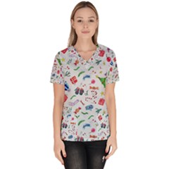 Illustration Christmas Pattern Women s V-neck Scrub Top by Pakjumat