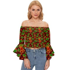 Christmas Wrapping Paper Off Shoulder Flutter Bell Sleeve Top by Pakjumat