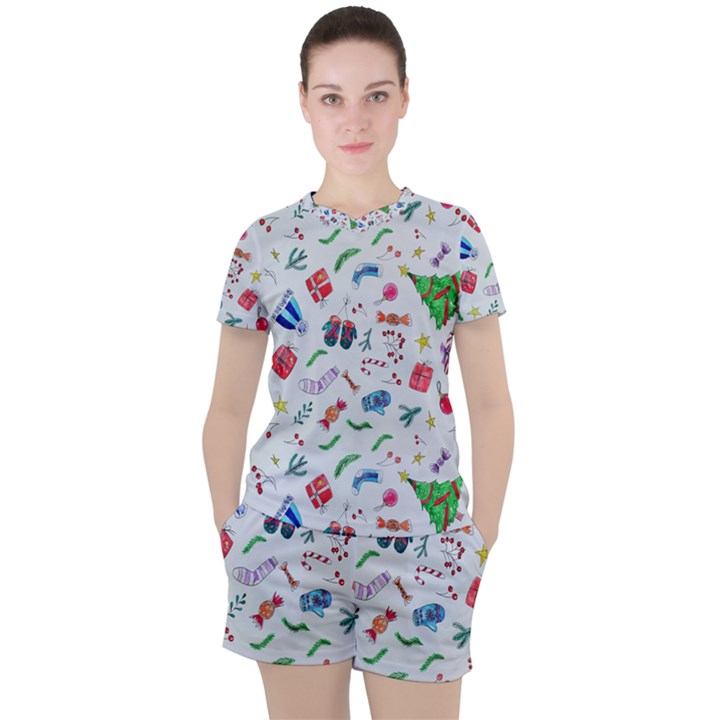 Illustration Christmas Pattern Women s T-Shirt and Shorts Set