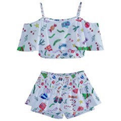 Illustration Christmas Pattern Kids  Off Shoulder Skirt Bikini by Pakjumat